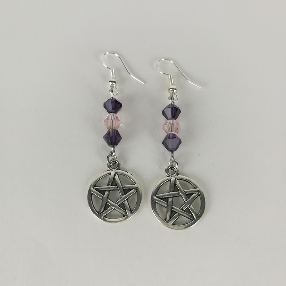 Hand Crafted Jewelry - Simple pentacle earrings pink & purple faceted glass beads witchy pagan new age